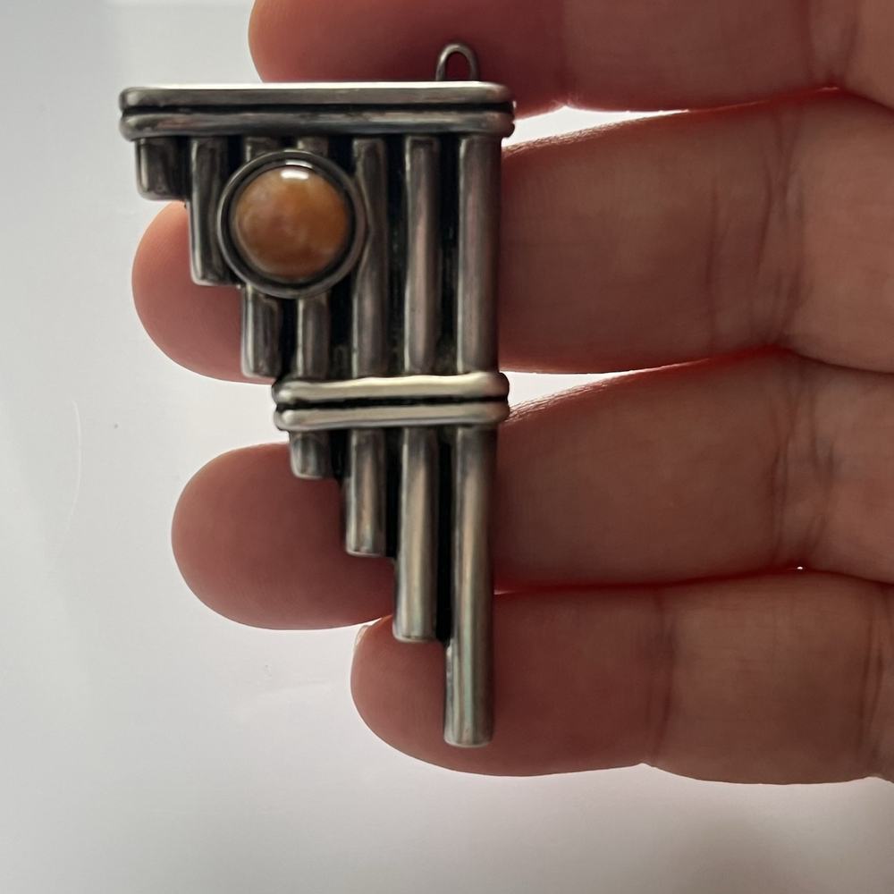 Vintage Pan Pipe Flute Solid Sterling Pendant Brooch Handcrafted Pendant Gem